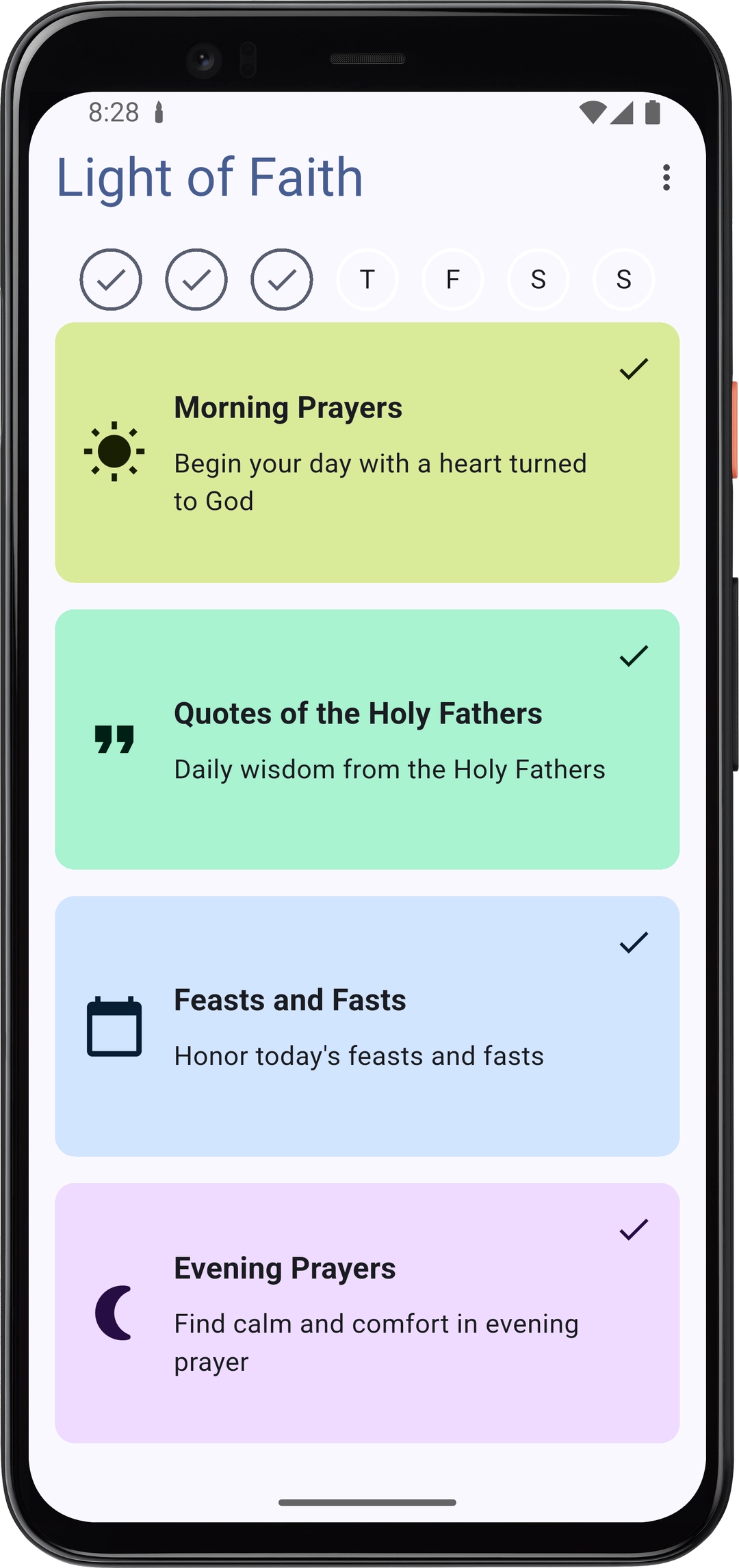 Light of Faith app screenshot showing main prayers and calendar interface